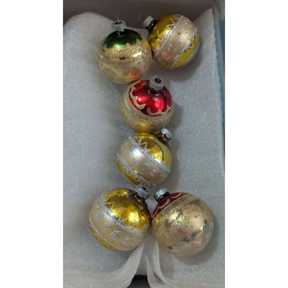 Vintage Shiny Brite Hand-Decorated Christmas Ornaments Set Of 6 Gold & Red Balls - Picture 3 of 5